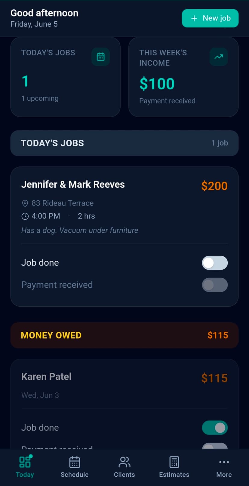 SparkClean today dashboard